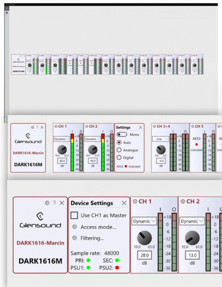 GLENSOUND | DARK1616M | Interface DANTE | 16 entrées - sorties AES et Analogiques | Ampli Micro