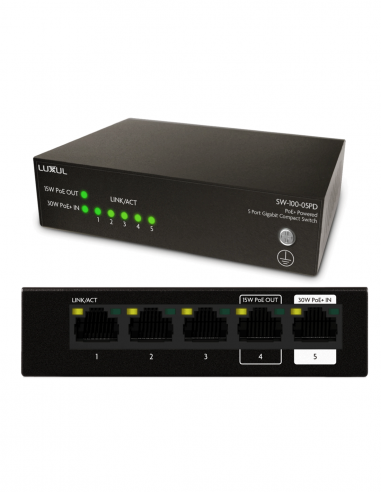 LUXUL | SW-100-05PD | Switch 5 ports PoE+ Gigabit Ethernet | POE Passthrough