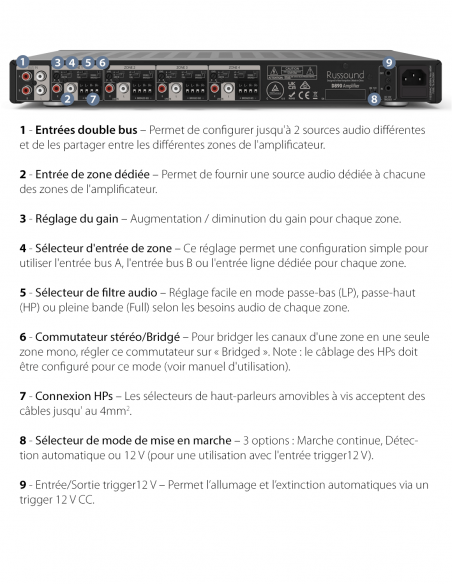RUSSOUND&nbsp;|&nbsp;D890&nbsp;|&nbsp;Amplificateur Numérique | 8 Canaux | 4 Zones