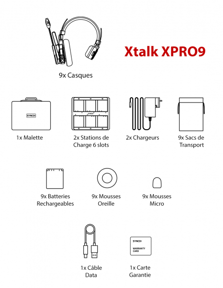 SYNCO&nbsp;|&nbsp;XTALK XPRO9&nbsp;|&nbsp;Lot de 9 Casques Intercom Monauraux Bidirectionnel 2,4GHz