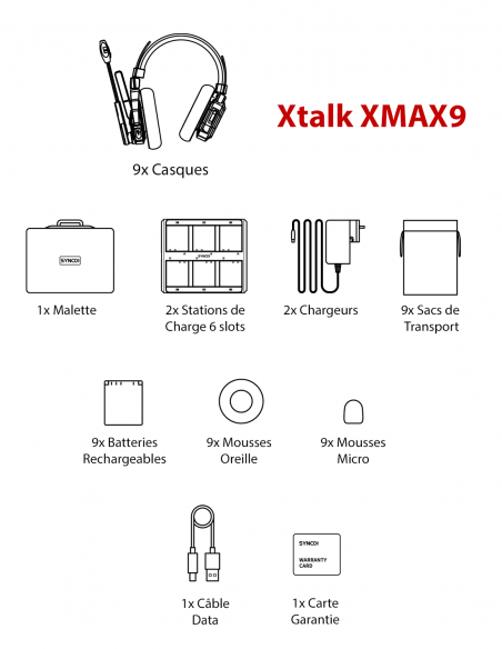 SYNCO&nbsp;|&nbsp;XTALK XMAX9&nbsp;|&nbsp;Lot de 9 Casques Intercom Binauraux Bidirectionnel 2,4GHz