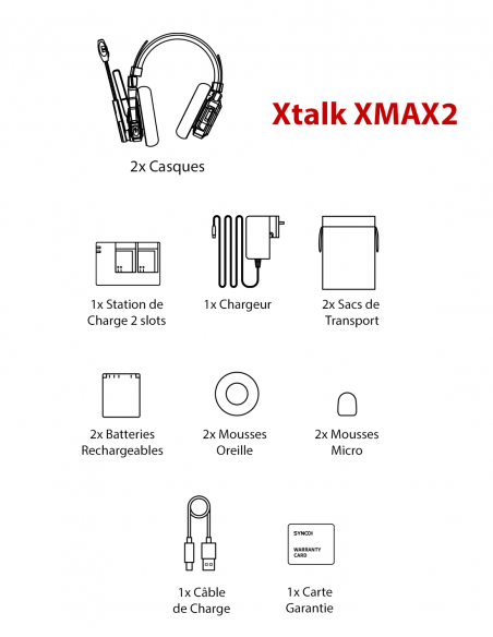 SYNCO&nbsp;|&nbsp;XTALK XMAX2&nbsp;|&nbsp;Lot de 2 Casques Intercom Binauraux Bidirectionnel 2,4GHz